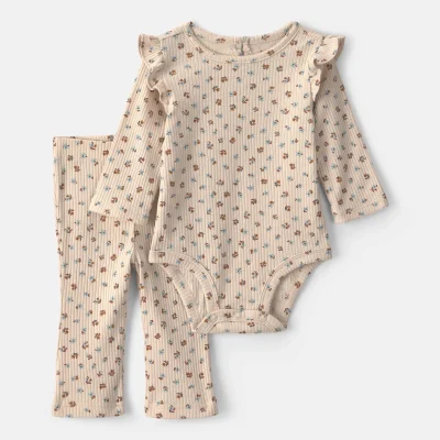 Baby Girl 2-Piece Floral Long-Sleeve Bodysuit & Pant Set - Cream