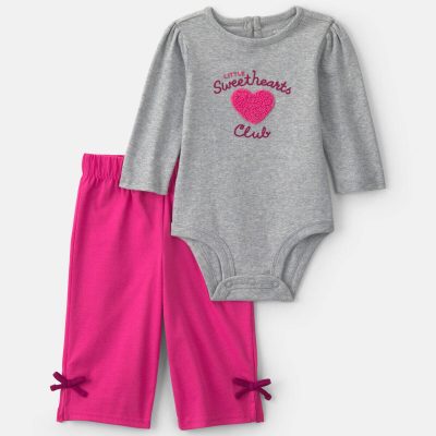 Baby Girl 2-Piece 'Little Sweethearts Club' Long-Sleeve Bodysuit & Pant Set - Pink/Grey