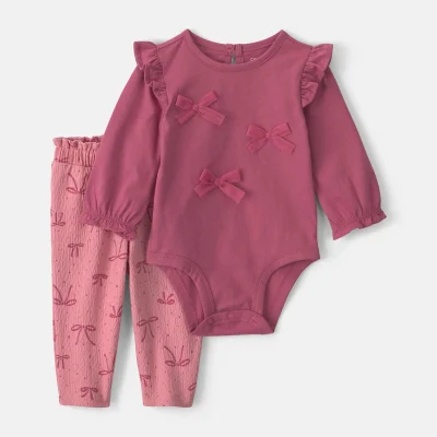 Baby Girl 2-Piece Bow Long-Sleeve Bodysuit & Pant Set - Pink