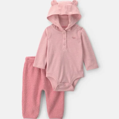 Baby Girl 2-Piece Bear Teddy Fleece Long-Sleeve Bodysuit & Pant Set - Pink