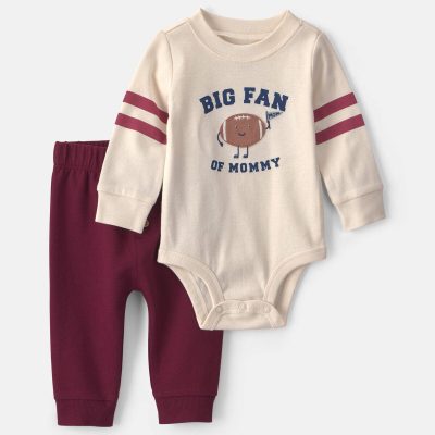 Baby Boy 2-Piece 'Big Fan Of Mommy' Football Long-Sleeve Bodysuit & Pant Set - Red/Cream