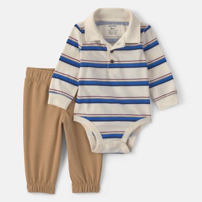 Baby Boy 2-Piece Striped Long-Sleeve Bodysuit & Pant Set - Cream/Khaki