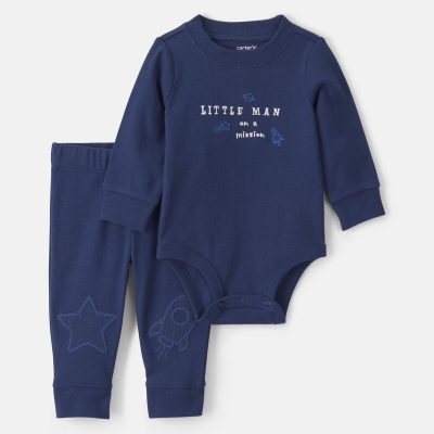 Baby Boy 2-Piece 'Little Man On a Mission' Space Long-Sleeve Bodysuit & Pant Set - Navy Blue