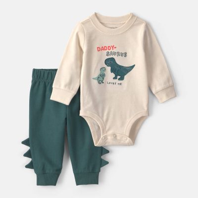 Baby Boy 2-Piece 'Daddy-saurus Loves Me' Long-Sleeve Bodysuit & Pant Set - Green/Cream
