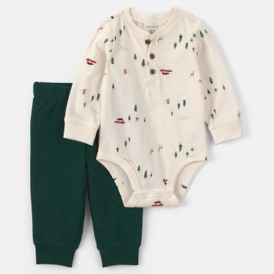 Baby Boy 2-Piece Woodland Long-Sleeve Bodysuit & Pant Set - Green/Cream