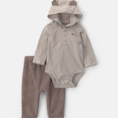 Baby Boy 2-Piece Bear Teddy Fleece Long-Sleeve Bodysuit & Pant Set - Brown
