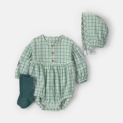 Baby Girl 3-Piece Flannel Long-Sleeve Bubble Set - Green