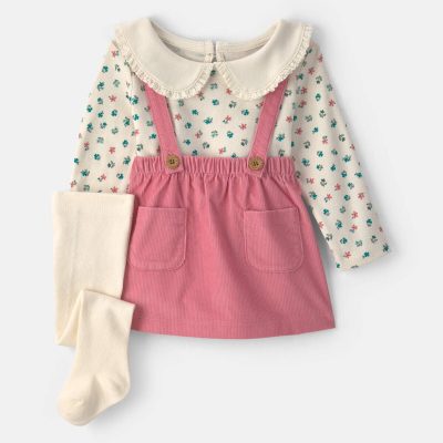 Baby Girl 3-Piece Floral Corduroy Long-Sleeve Dress Set - Pink/Cream