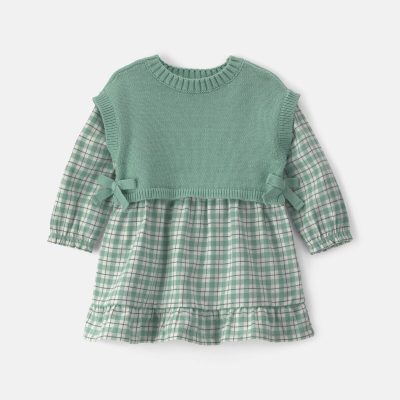Baby Girl 2-Piece Checkered Flannel Long-Sleeve Dress - Green