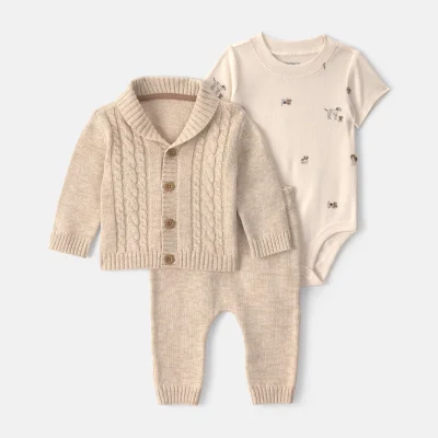 Baby Boy 3-Piece Cotton Sweater Layering Set - Cream