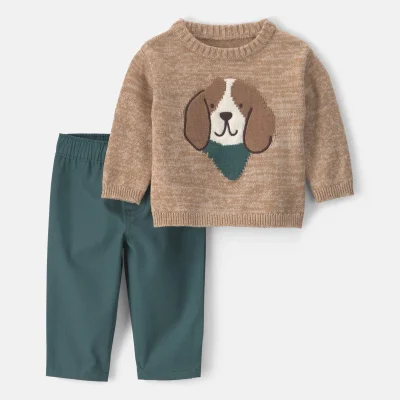 Baby Boy 2-Piece Dog Sweater Top & Pant Set - Brown/Green