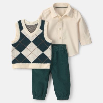 Baby Boy 3-Piece Argyle Layering Set - Green/Cream