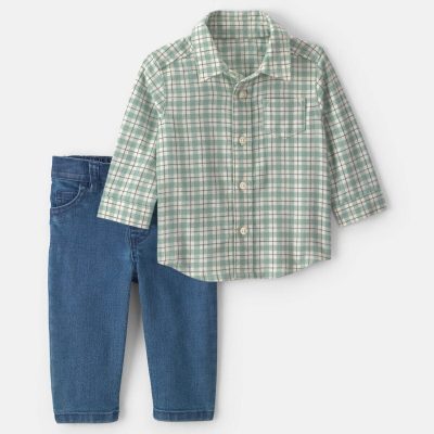 Baby Boy 2-Piece Plaid Flannel Long-Sleeve Top & Pant Set - Green/Indigo