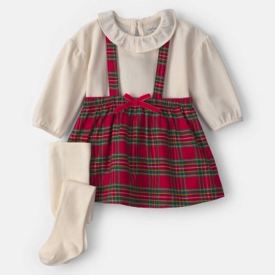 Baby Girl 3-Piece Plaid Christmas Long-Sleeve Dress Set - Red/Cream