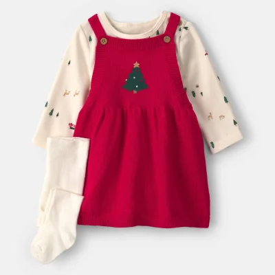 Baby Girl 3-Piece Christmas Tree Long-Sleeve Sweater Dress Set - Red/Cream