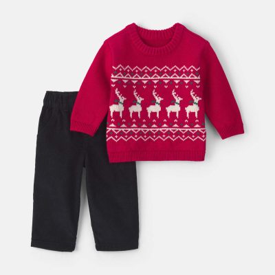 Baby Boy 2-Piece Reindeer Fair Isle Sweater & Pant Set - Red/Black