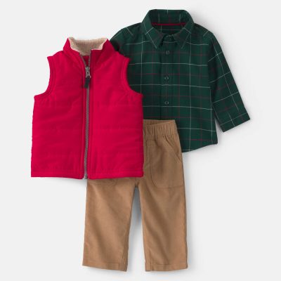 Baby Boy 3-Piece Plaid Twill Long-Sleeve Layering Set - Red/Green/Khaki