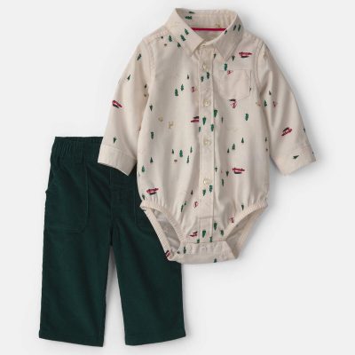 Baby Boy 2-Piece Christmas Twill Long-Sleeve Top & Pant Set - Cream/Green
