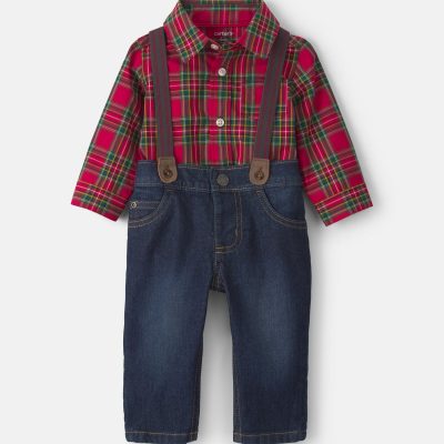 Baby Boy 2-Piece Plaid Denim Long-Sleeve Bodysuit & Suspender Pant Set - Red/Indigo