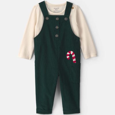 Baby Boy 2-Piece Candy Cane Corduroy Long-Sleeve Overall Set - Green/Cream
