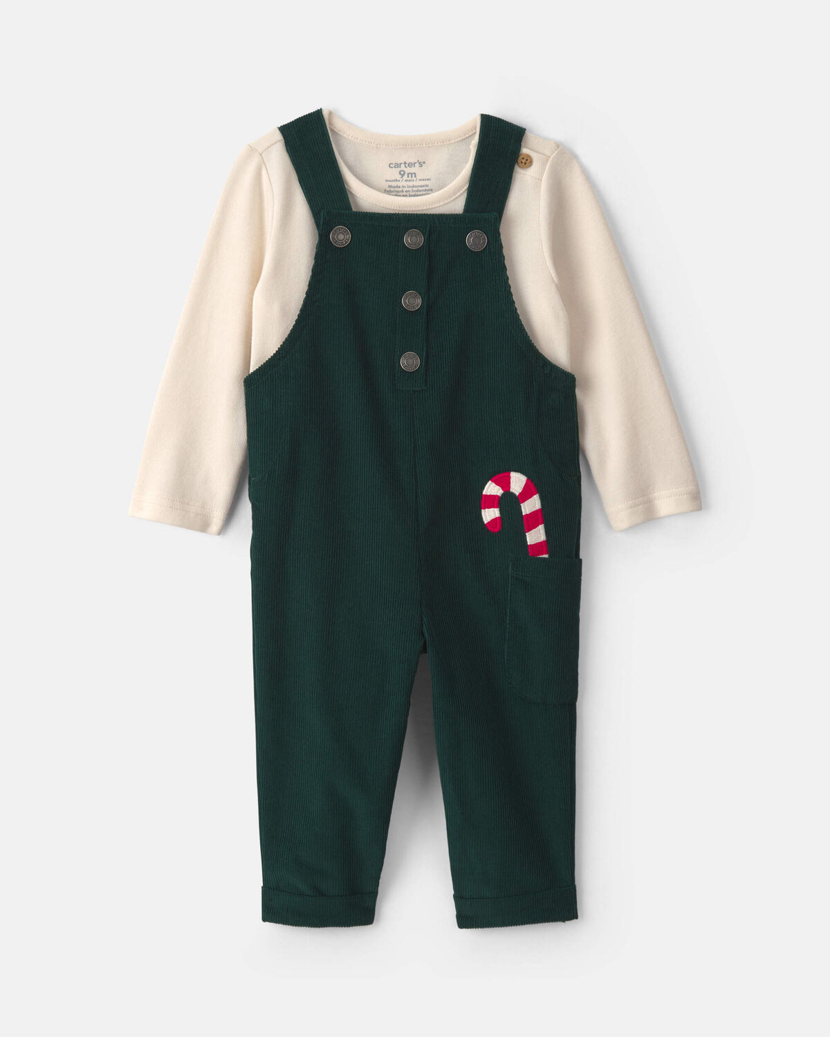 Baby Boy 2-Piece Candy Cane Corduroy Long-Sleeve Overall Set - Green/Cream