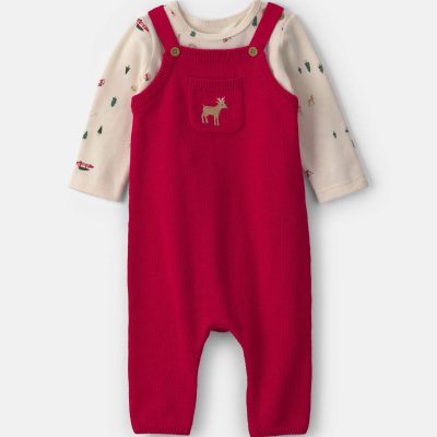 Baby Boy 2-Piece Reindeer Long-Sleeve Sweater Overall Set - Red/Cream