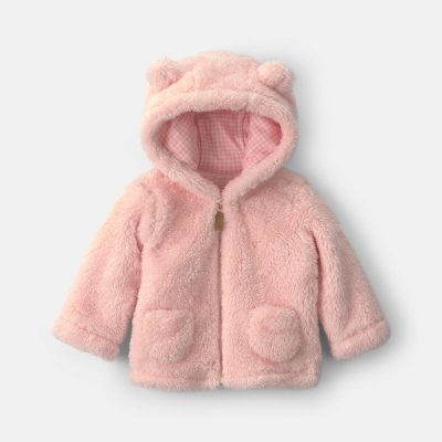 Baby Girl Bear Teddy Fleece Zip-Up Hoodie - Pink