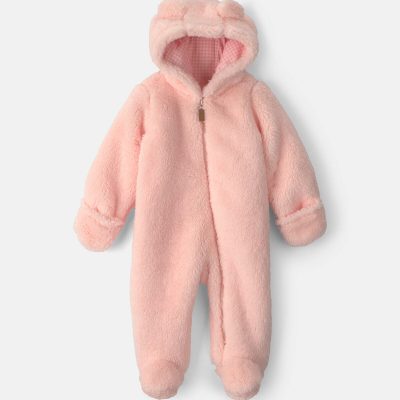Baby Girl Bear Teddy Fleece Long-Sleeve Jumpsuit - Pink