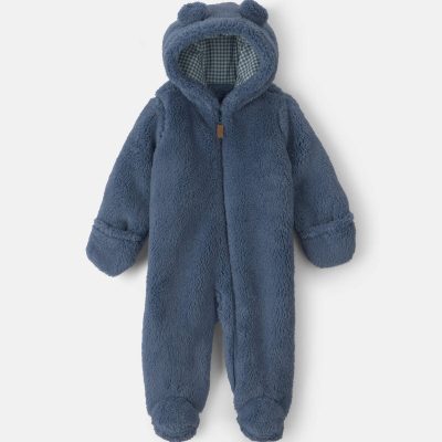 Baby Boy Bear Teddy Fleece Long-Sleeve Jumpsuit - Blue