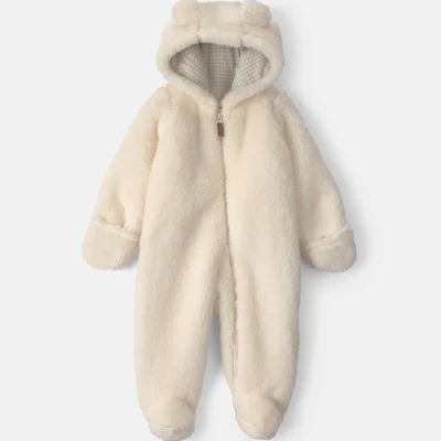 Baby Bear Teddy Fleece Long-Sleeve Jumpsuit - Cream