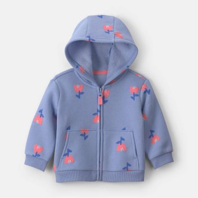 Baby Girl Floral Fleece Zip-Up Hoodie - Blue