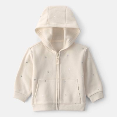 Baby Girl Heart Fleece Zip-Up Hoodie - Cream