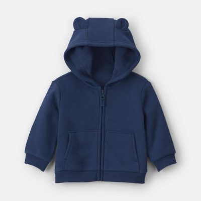 Baby Boy Bear Fleece Zip-Up Hoodie - Navy Blue
