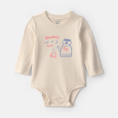 Baby Girl 'Grandma's Cup Of Tea' Long-Sleeve Graphic Bodysuit - Cream