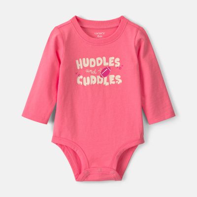 Baby Girl 'Huddles And Cuddles' Football Long-Sleeve Graphic Bodysuit - Coral