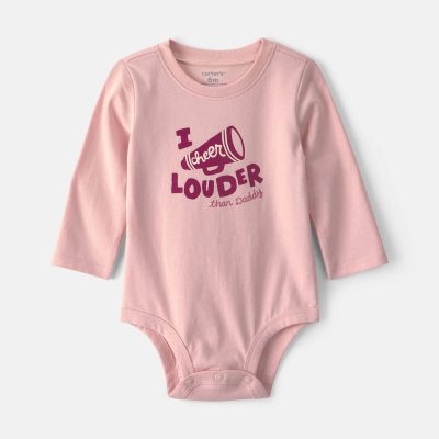 Baby Girl 'I Cheer Louder' Long-Sleeve Graphic Bodysuit - Pink