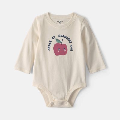 Baby 'Apple Of Grandpa's Eye' Apple Long-Sleeve Graphic Bodysuit - Cream