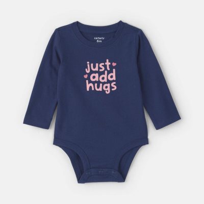 Baby Girl 'Just Add Hugs' Long-Sleeve Graphic Bodysuit - Navy Blue