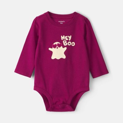 Baby Girl 'Hey Boo' Ghost Long-Sleeve Graphic Bodysuit - Burgundy