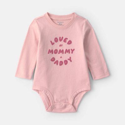 Baby Girl 'Loved By Mommy & Daddy' Long-Sleeve Graphic Bodysuit - Pink