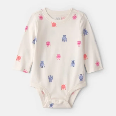 Baby Girl Monster Long-Sleeve Graphic Bodysuit - Cream