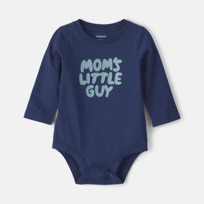 Baby Boy 'Mom's Little Guy' Long-Sleeve Graphic Bodysuit - Navy Blue