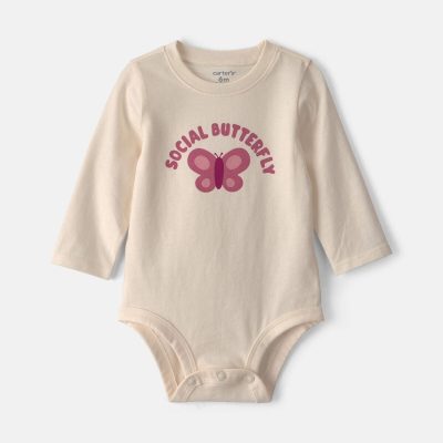 Baby Girl 'Social Butterfly' Long-Sleeve Graphic Bodysuit - Cream