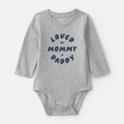 Baby Boy 'Loved By Mommy & Daddy' Long-Sleeve Graphic Bodysuit - Grey