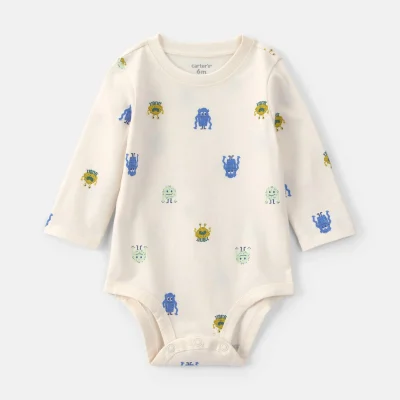Baby Boy Monster Long-Sleeve Graphic Bodysuit - Cream