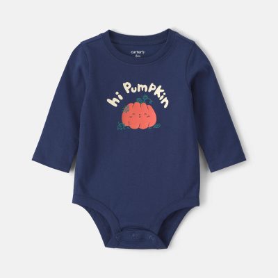 Baby Boy 'Hi Pumpkin' Long-Sleeve Graphic Bodysuit - Navy Blue