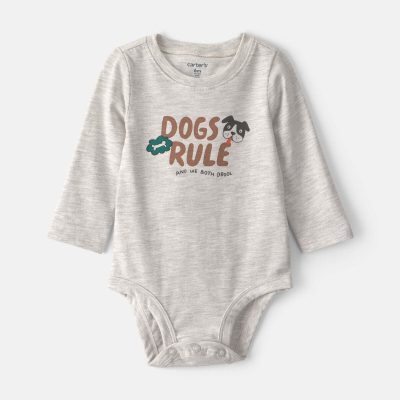 Baby 'Dogs Rule' Long-Sleeve Graphic Bodysuit - Grey