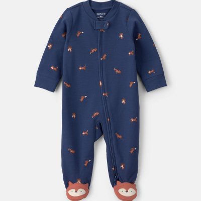 Baby Boy Fox 100% Cotton  2-Way Zip Sleep & Play Pajamas - Navy Blue