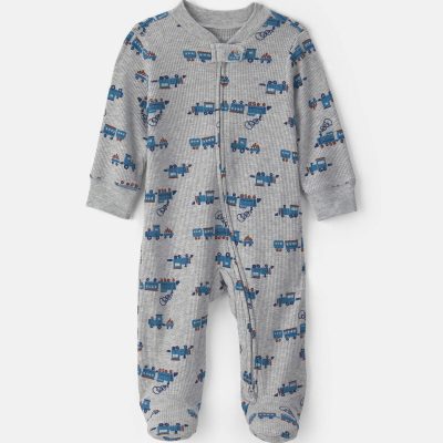 Baby Boy Train Cotton 2-Way Zip Thermal Sleep & Play Pajamas - Grey