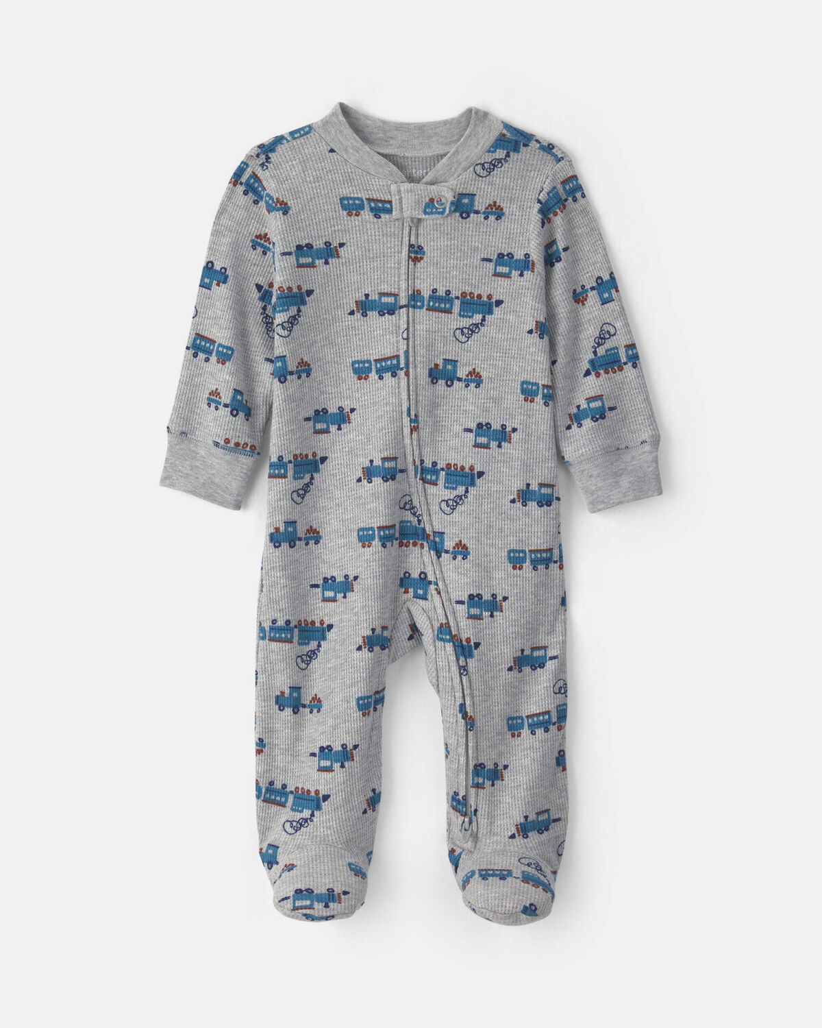 Baby Boy Train Cotton 2-Way Zip Thermal Sleep & Play Pajamas - Grey